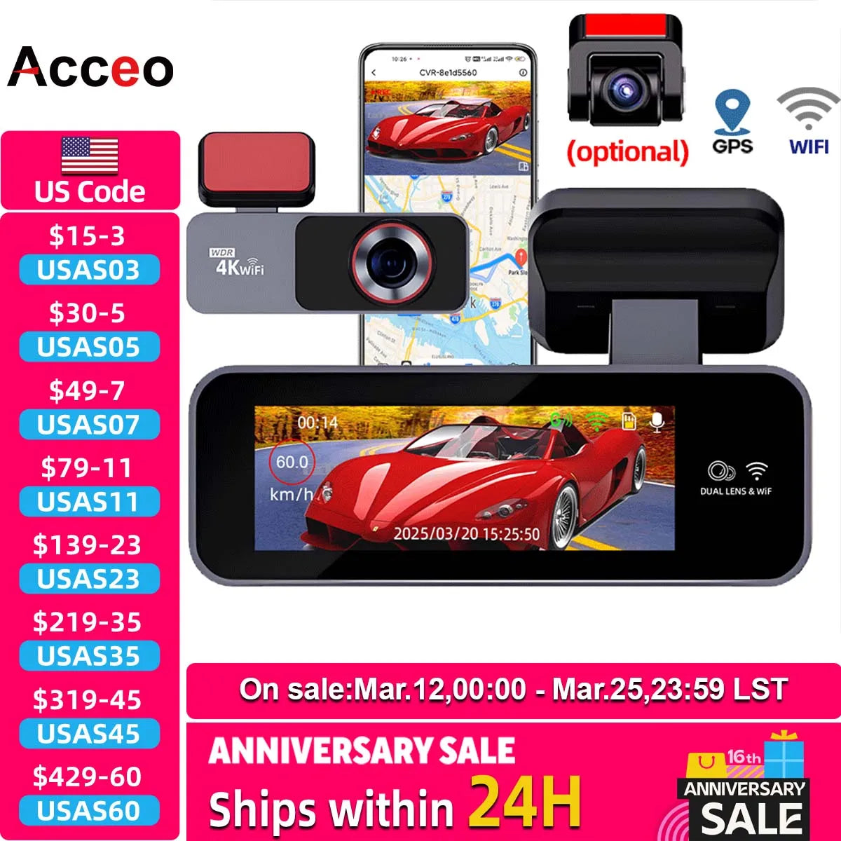 4K Dual Dash Cam with WiFi & GPS